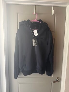 Men's Navy Hooded Windbreaker Jacket with Textured Sleeves